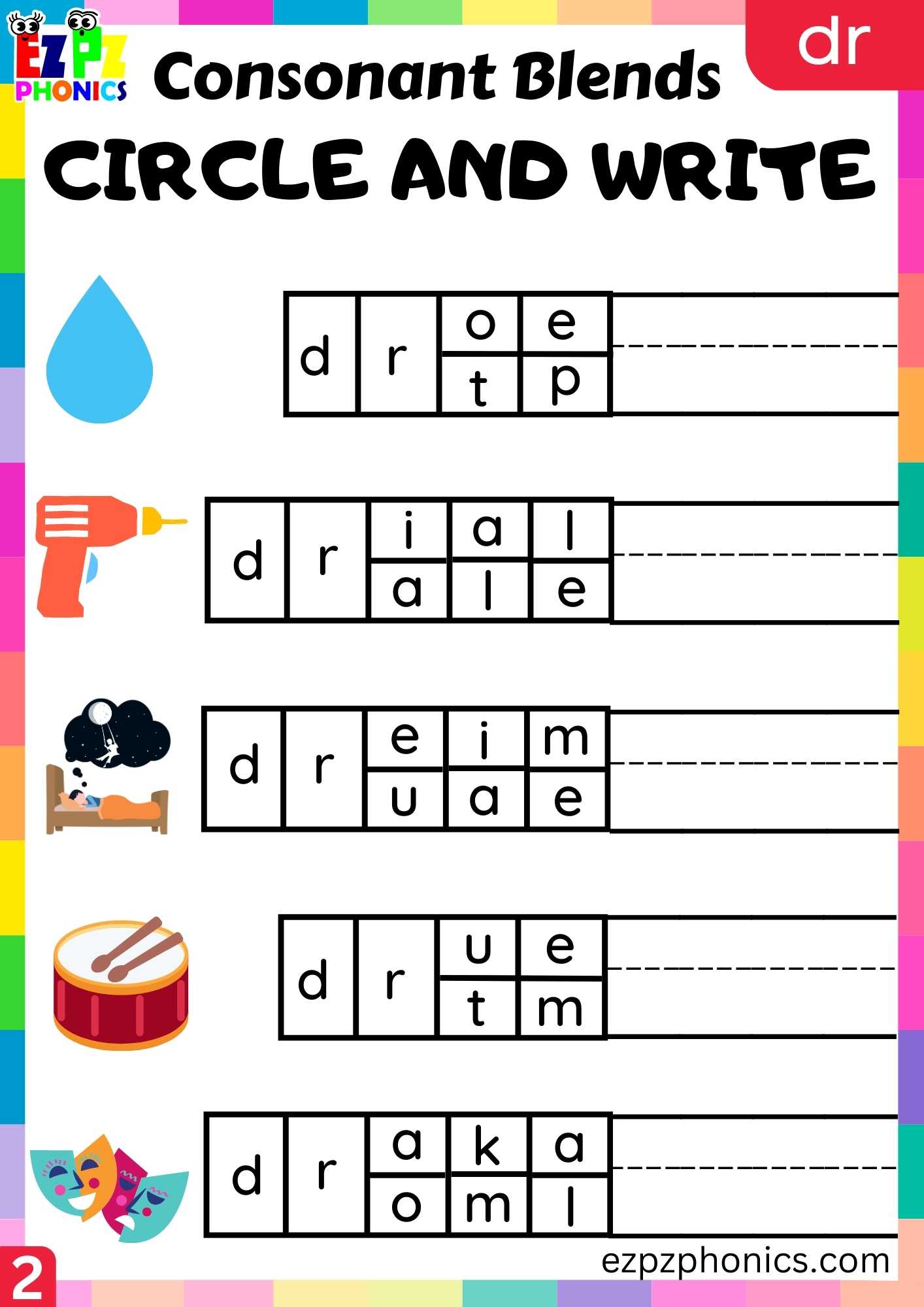 Group2 DR Words Circle And Write Phonics Consonant Blends Worksheet